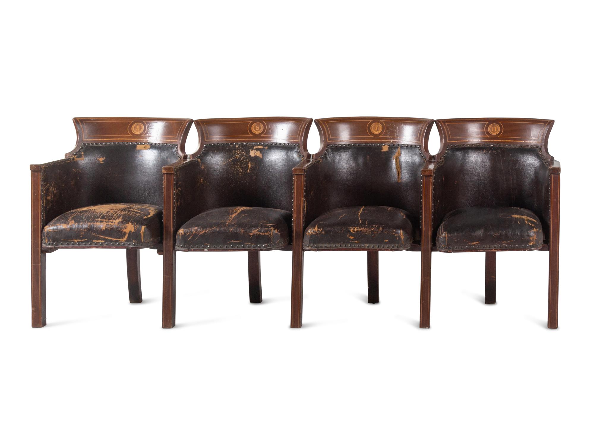 Two Sets of Four Inlaid Mahogany Theater Seats