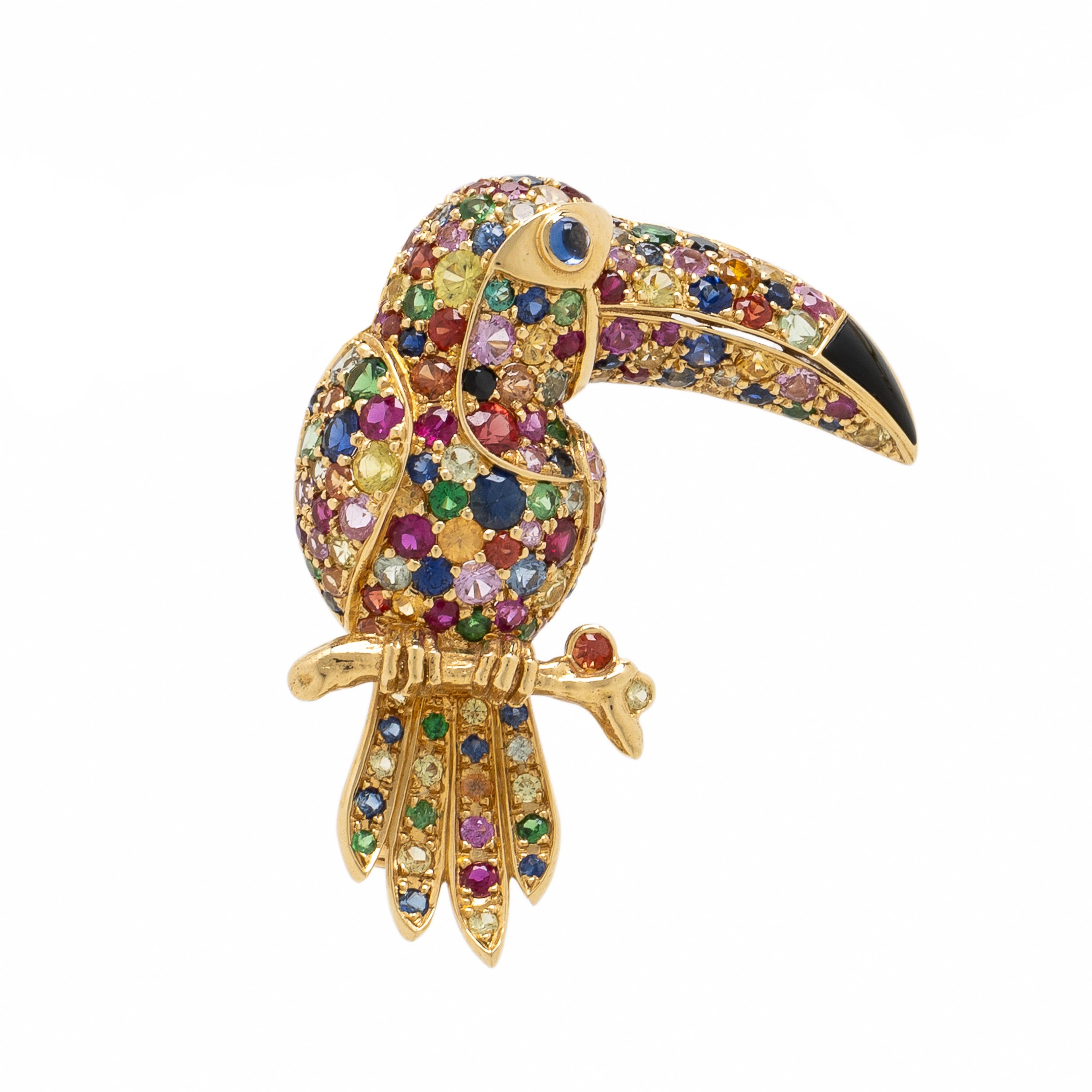 Goshwara, 'Ark', Yellow Gold and Multigem Toucan Brooch Pendant Necklace
