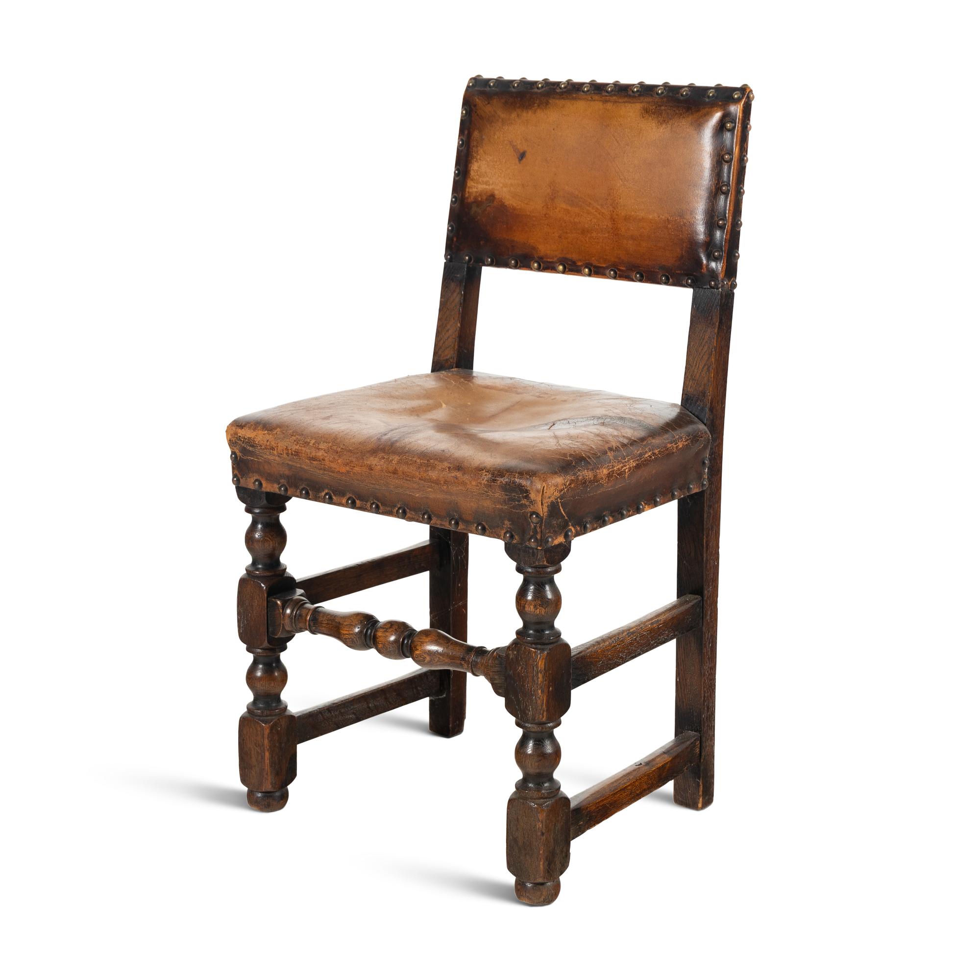 A Pair of Charles II Style Leather and Nail Head-Upholstered Oak Side Chairs