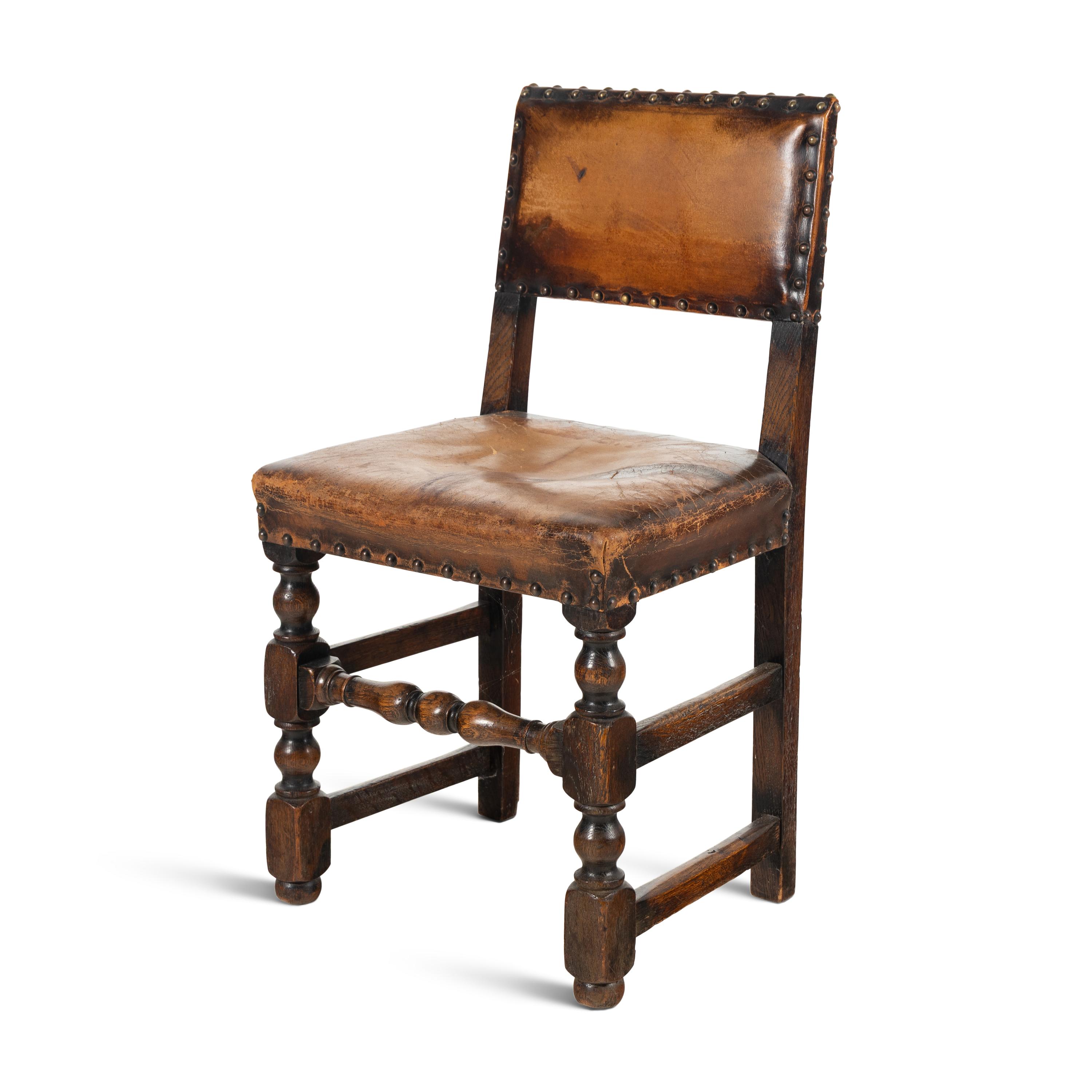 A Pair of Charles II Style Leather and Nail Head-Upholstered Oak Side Chairs