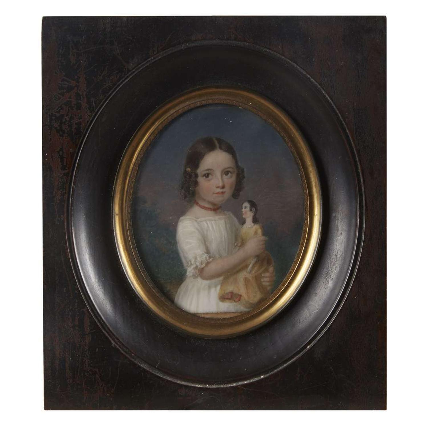 Continental School 19th century Portrait miniature of a little girl with a doll