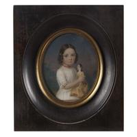 Continental School 19th century Portrait miniature of a little girl with a doll