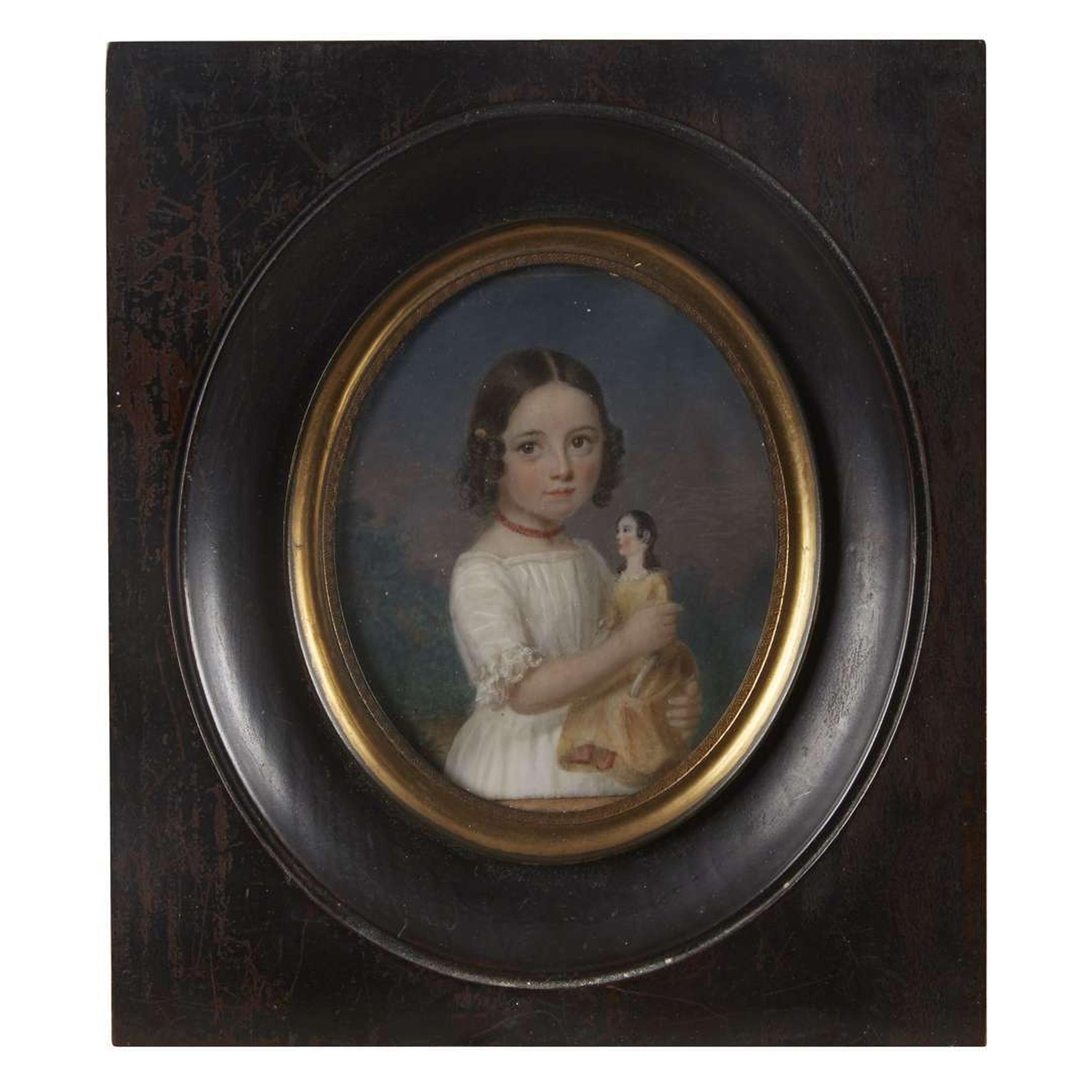 Continental School 19th century Portrait miniature of a little girl with a doll