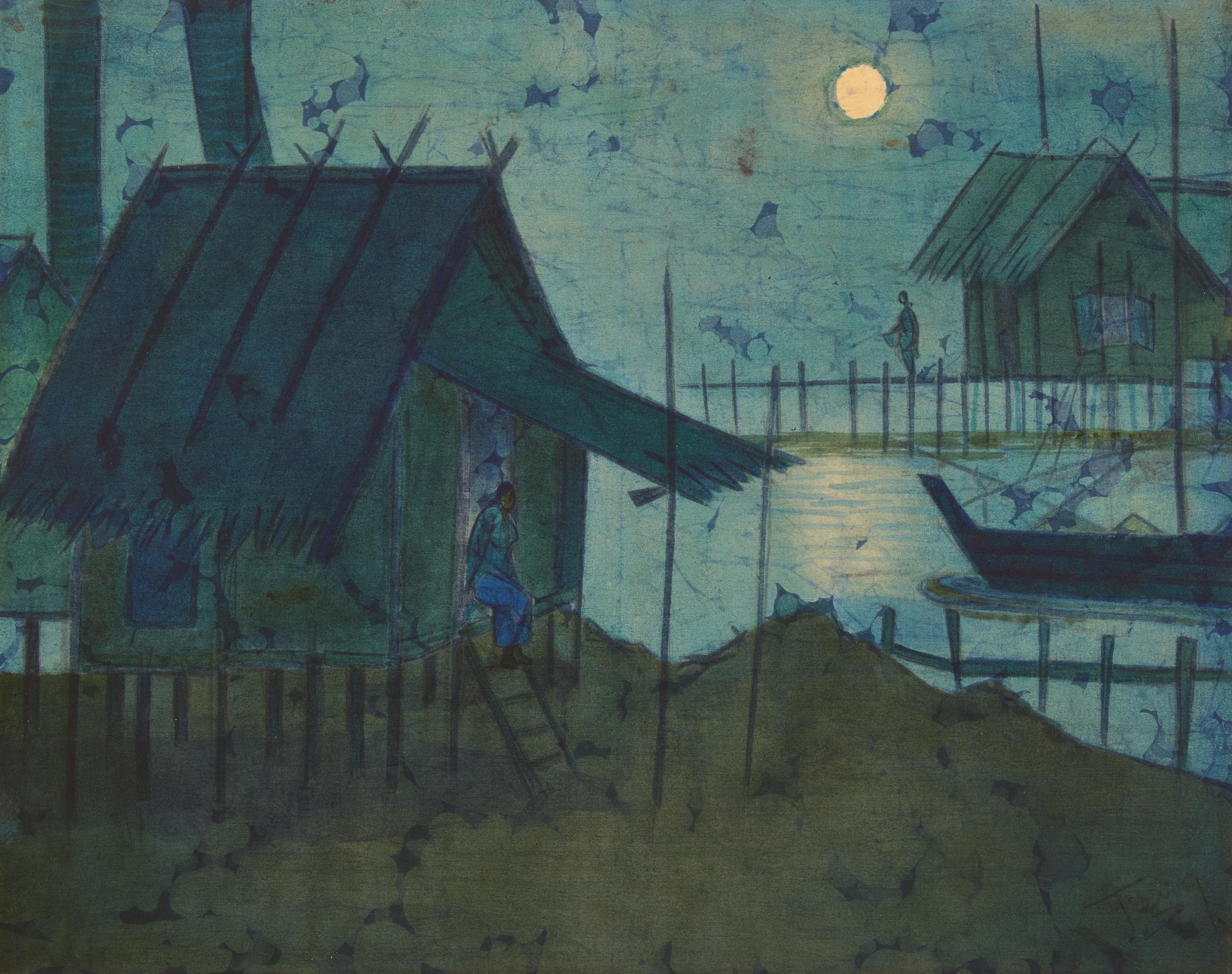 Chuah Thean Teng 蔡天定 (Chinese/Malaysian, 1912-2008) — Moonlit Harbor