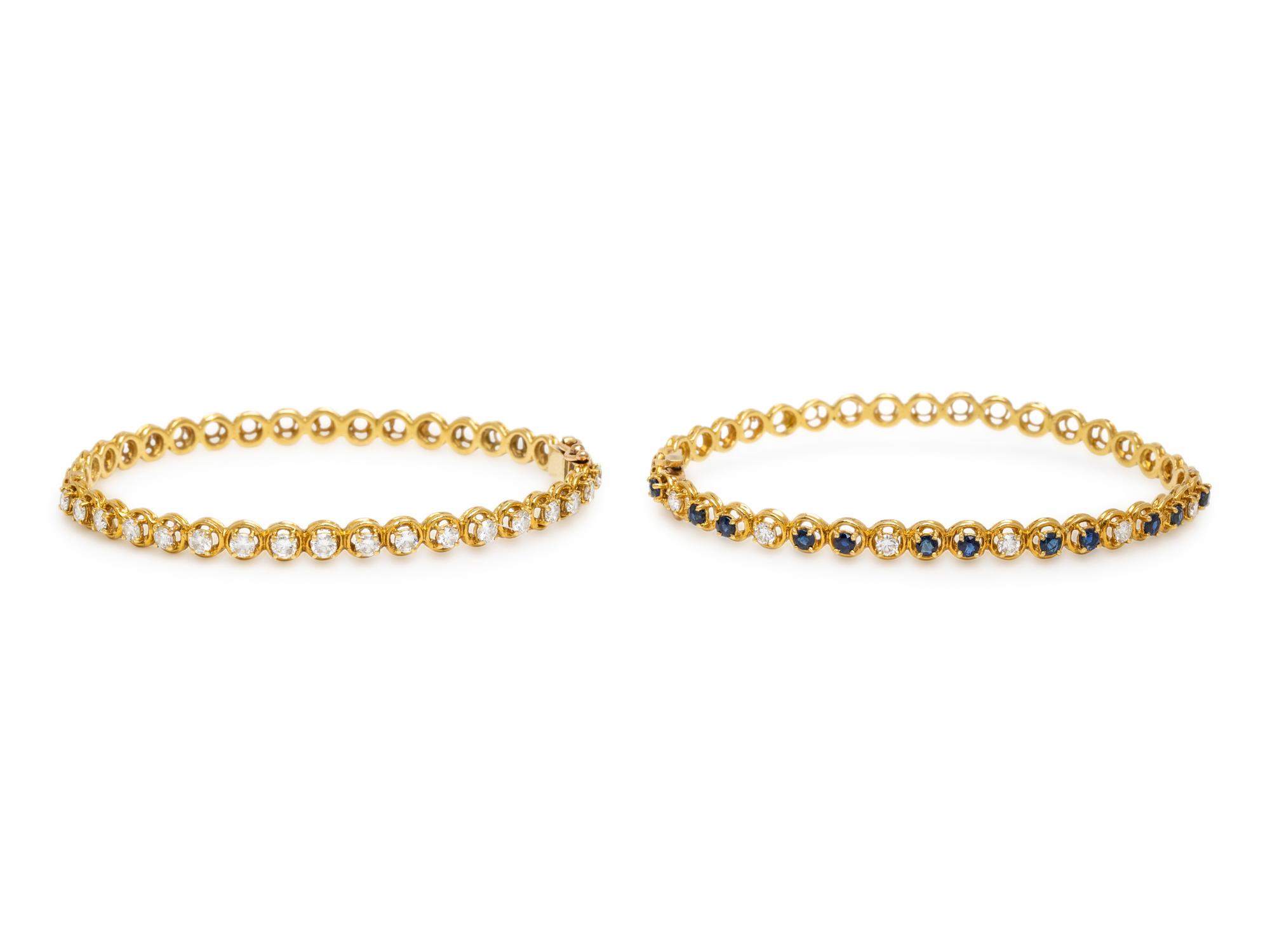 PAIR OF DIAMOND, SAPPHIRE, AND YELLOW GOLD BANGLE BRACELETS