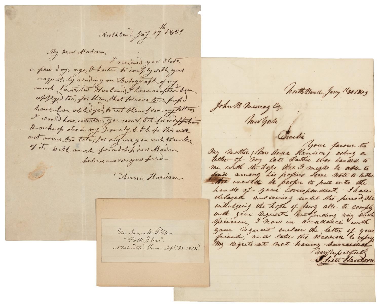 [FIRST LADIES]. A group of autograph free franks and autographs by Anna Tuthill Symmes Harrison (1775-1864) and Sara Childress Polk (1803-1891), comprising: