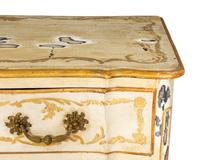 A Louis XV Paint Decorated and Parcel Gilt Walnut Commode