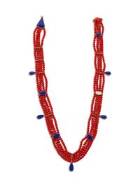 Multi-Strand Coral, Lapis, and 14k Gold Necklace