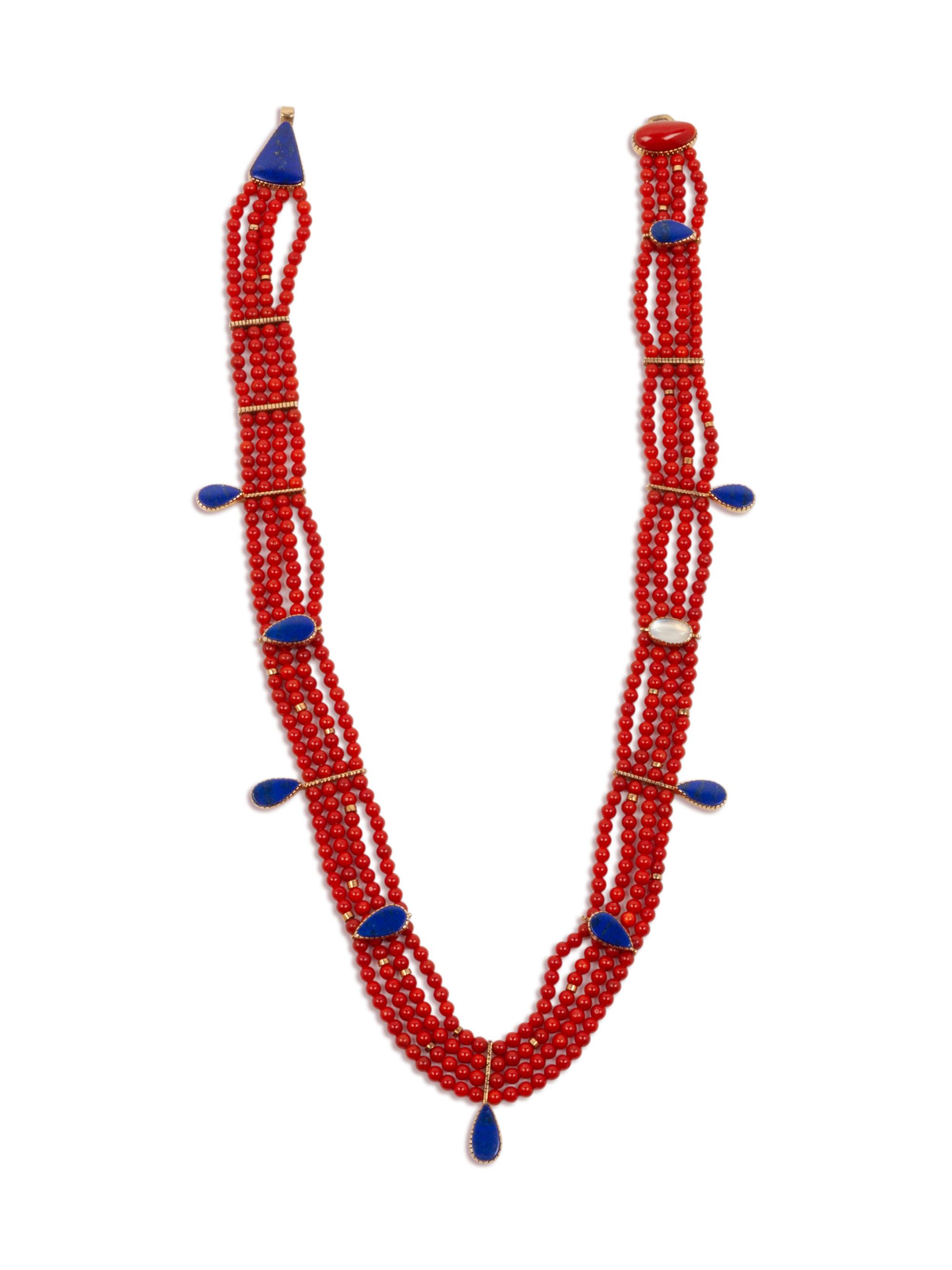 Multi-Strand Coral, Lapis, and 14k Gold Necklace