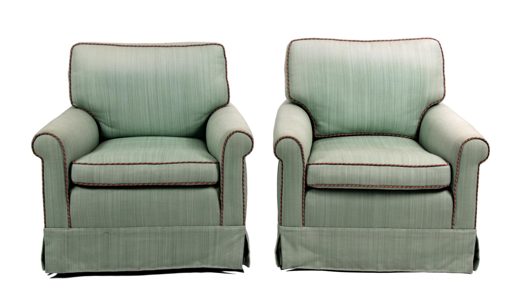 A Pair of Upholstered Armchairs Height 33 x width 32 x depth 28 inches.