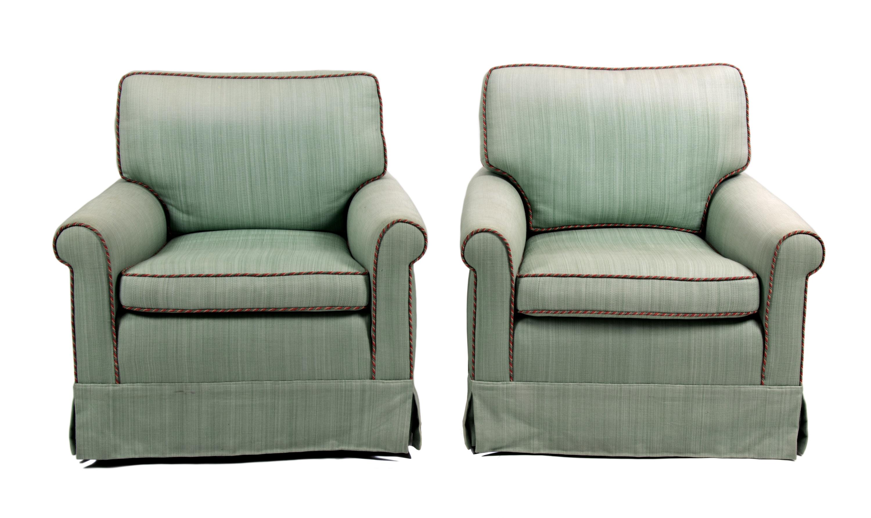 A Pair of Upholstered Armchairs Height 33 x width 32 x depth 28 inches.