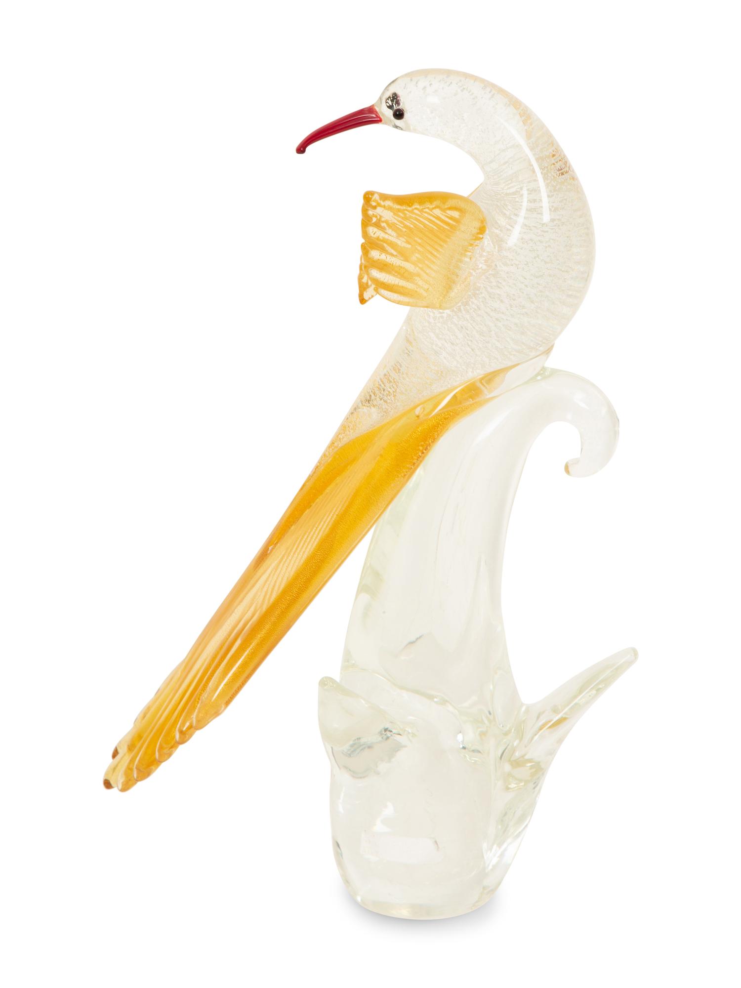 A Murano Glass Standing Bird Figural Group and a Pair of Bird Sculptures