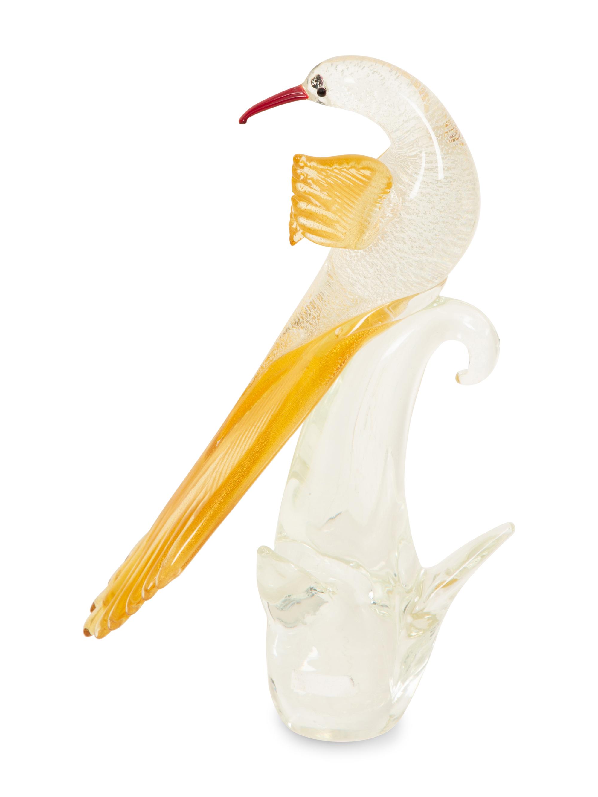 A Murano Glass Standing Bird Figural Group and a Pair of Bird Sculptures