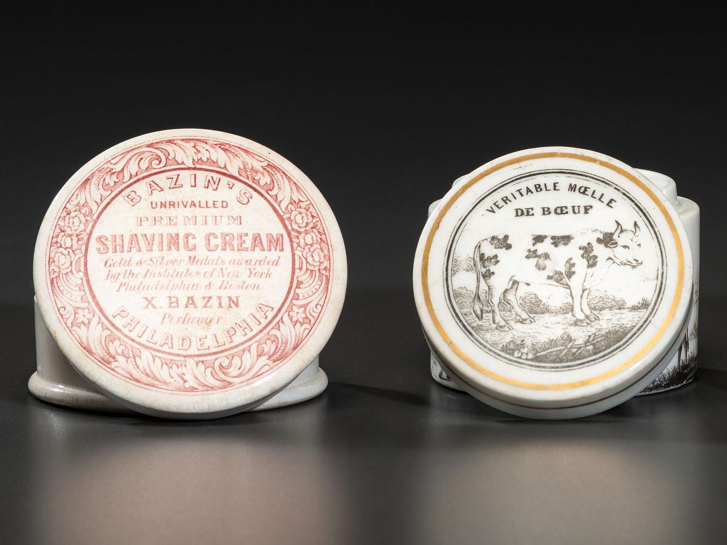 Two Transfer Printed Porcelain Advertising Pot Lids and Bases