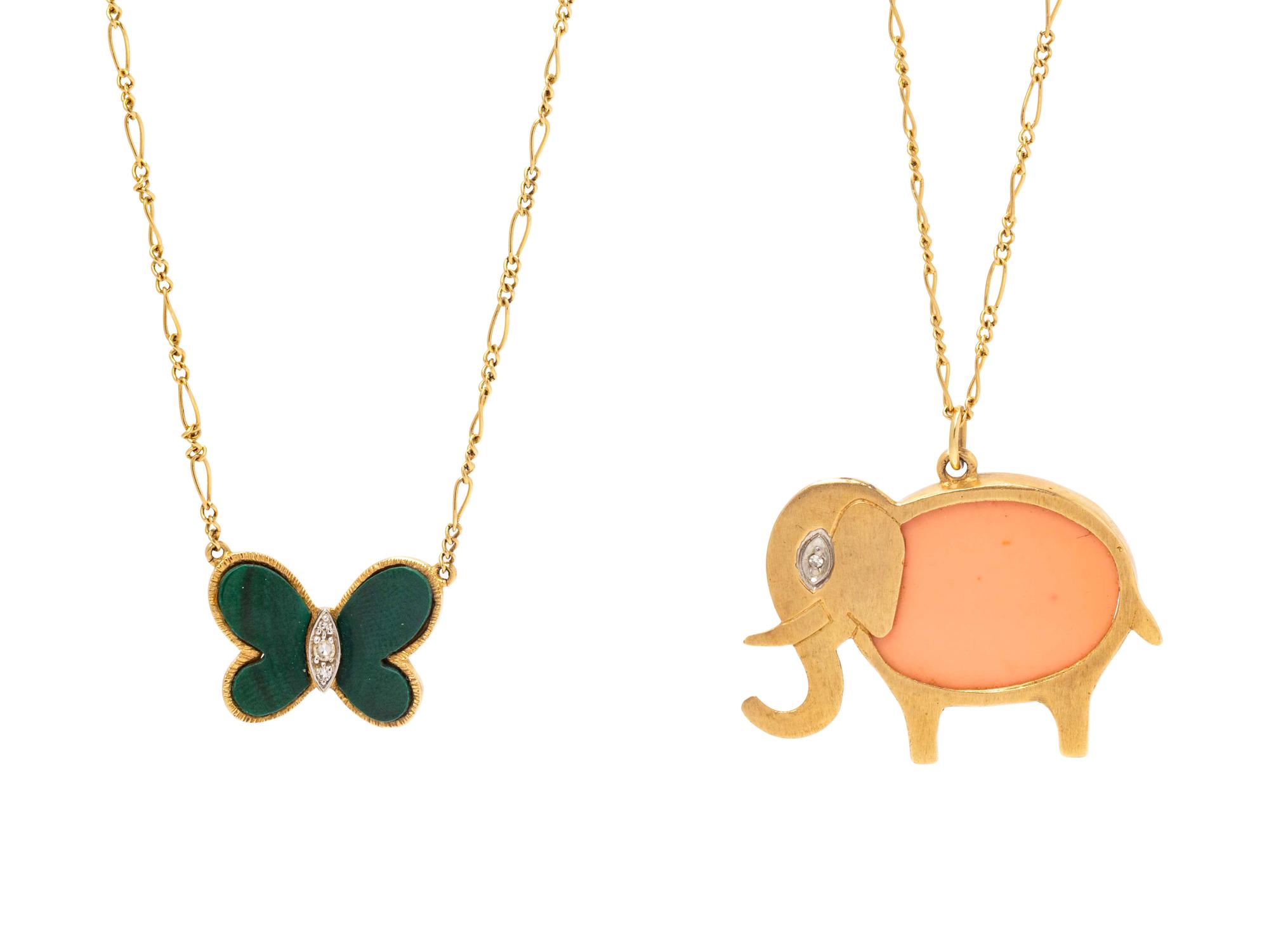 A Collection of 14 Karat Yellow Gold, Hardstone and Diamond Pendant Necklaces, Hammerman Brothers,