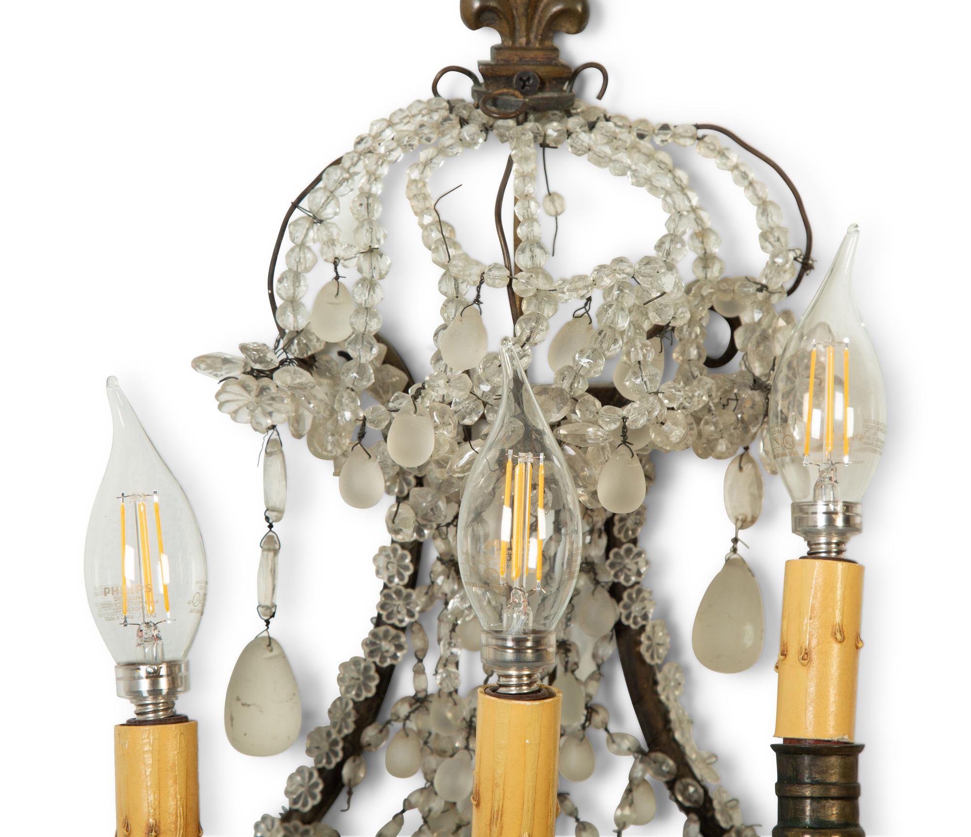 A Pair of French Glass-Beaded Metal Three-Light Sconces