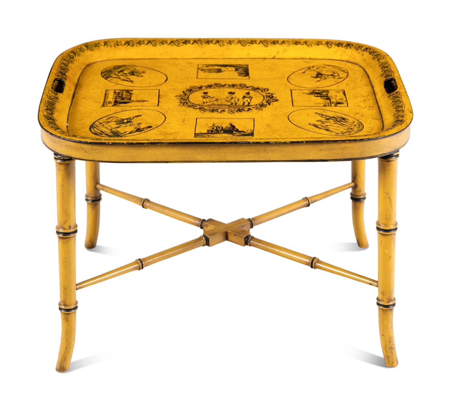 An English Yellow Tole Tray on Faux Bamboo Stand