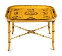 An English Yellow Tole Tray on Faux Bamboo Stand