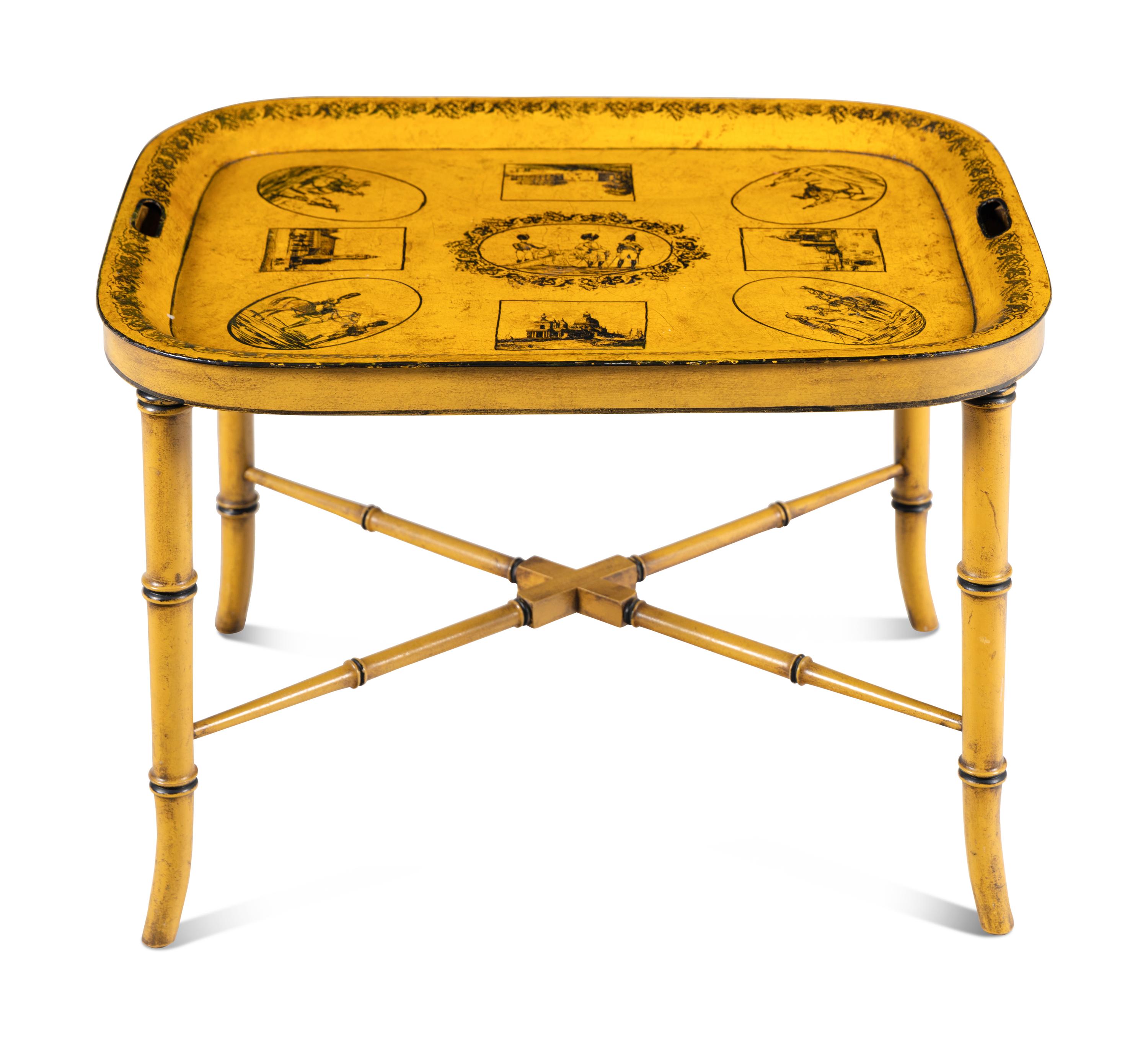 An English Yellow Tole Tray on Faux Bamboo Stand