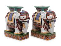 A Pair of Polychrome Glazed Terracotta Elephant-Form Garden Stools