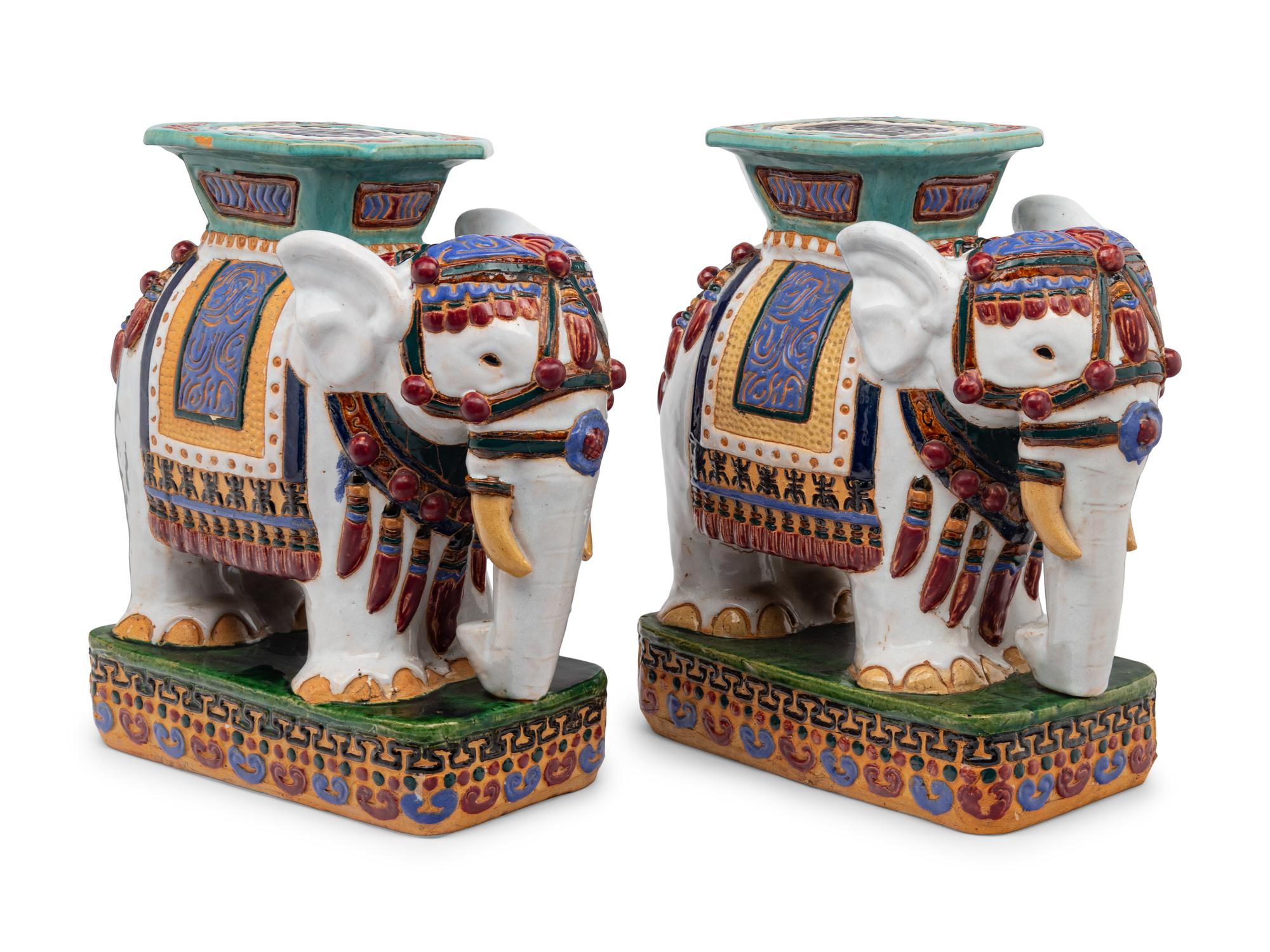 A Pair of Polychrome Glazed Terracotta Elephant-Form Garden Stools