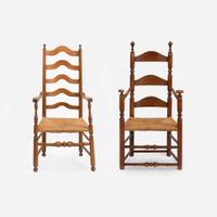 Two carved and turned maple and/or ash ladderback armchairs Wallingford, CT, and Delaware Valley, PA, early - late 18th century
