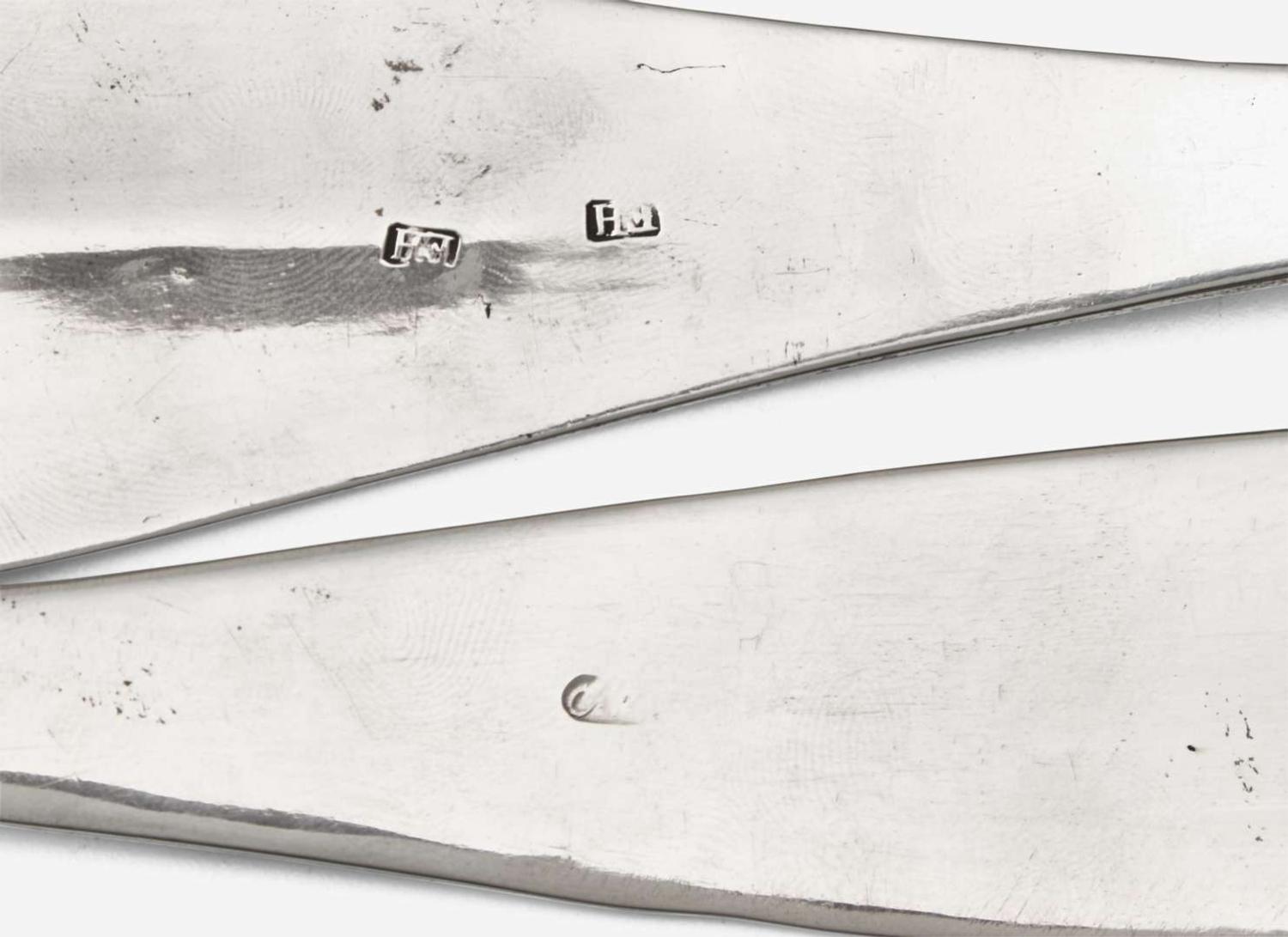 A set of six Federal silver fiddle-back tablespoons together with two large Federal silver serving spoons, early 19th century