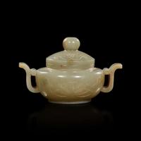 A Chinese greyish celadon small censer and cover 灰青玉帶小香爐