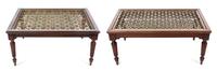 A Pair of Regency Style Mahogany and Brass Inset Low Tables Height 19 x width 31 x depth 38 3/4 inches.