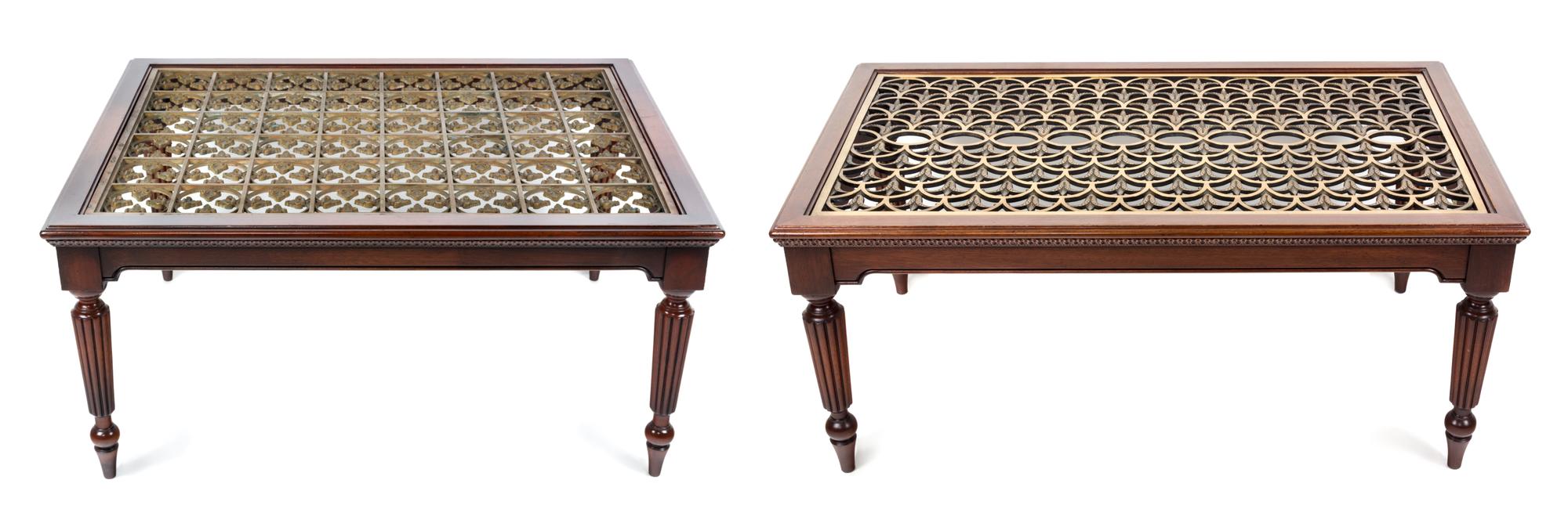 A Pair of Regency Style Mahogany and Brass Inset Low Tables Height 19 x width 31 x depth 38 3/4 inches.