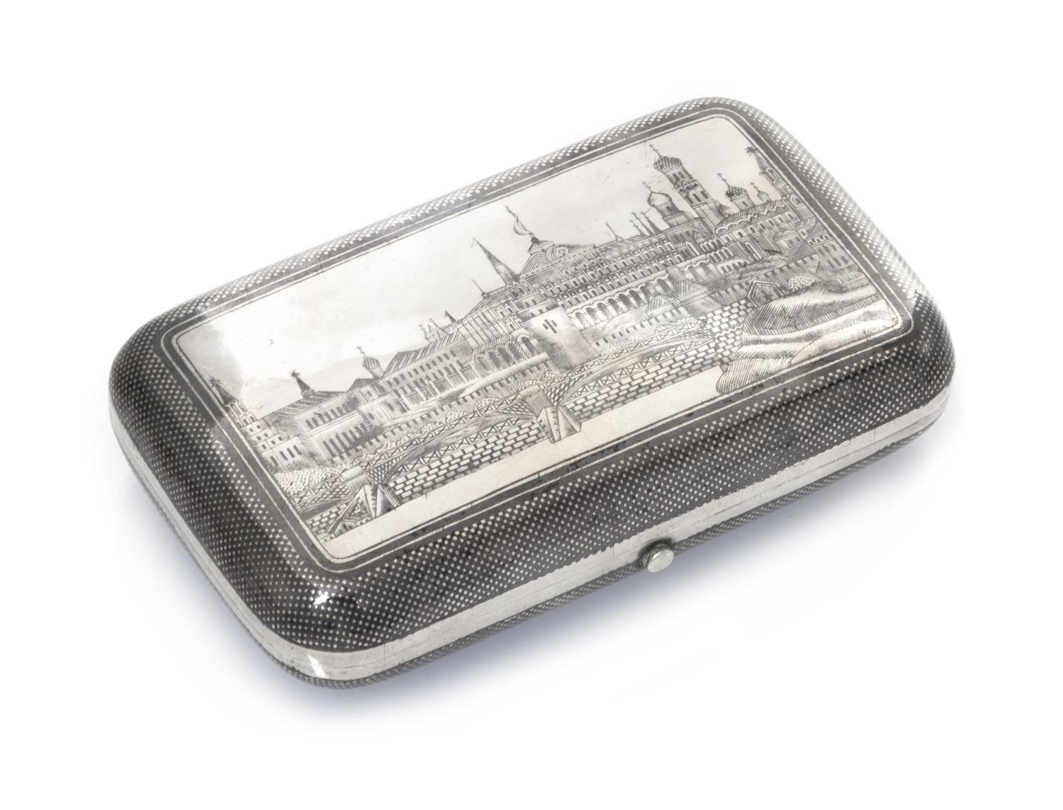 A Russian Niello Silver Cigar Case, Maker's mark possibly of Aleksey Osipov, Moscow, 19th century, the lid with a scene of the Moscow K