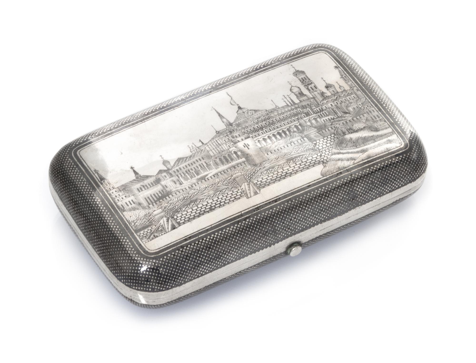 A Russian Niello Silver Cigar Case, Maker's mark possibly of Aleksey Osipov, Moscow, 19th century, the lid with a scene of the Moscow K