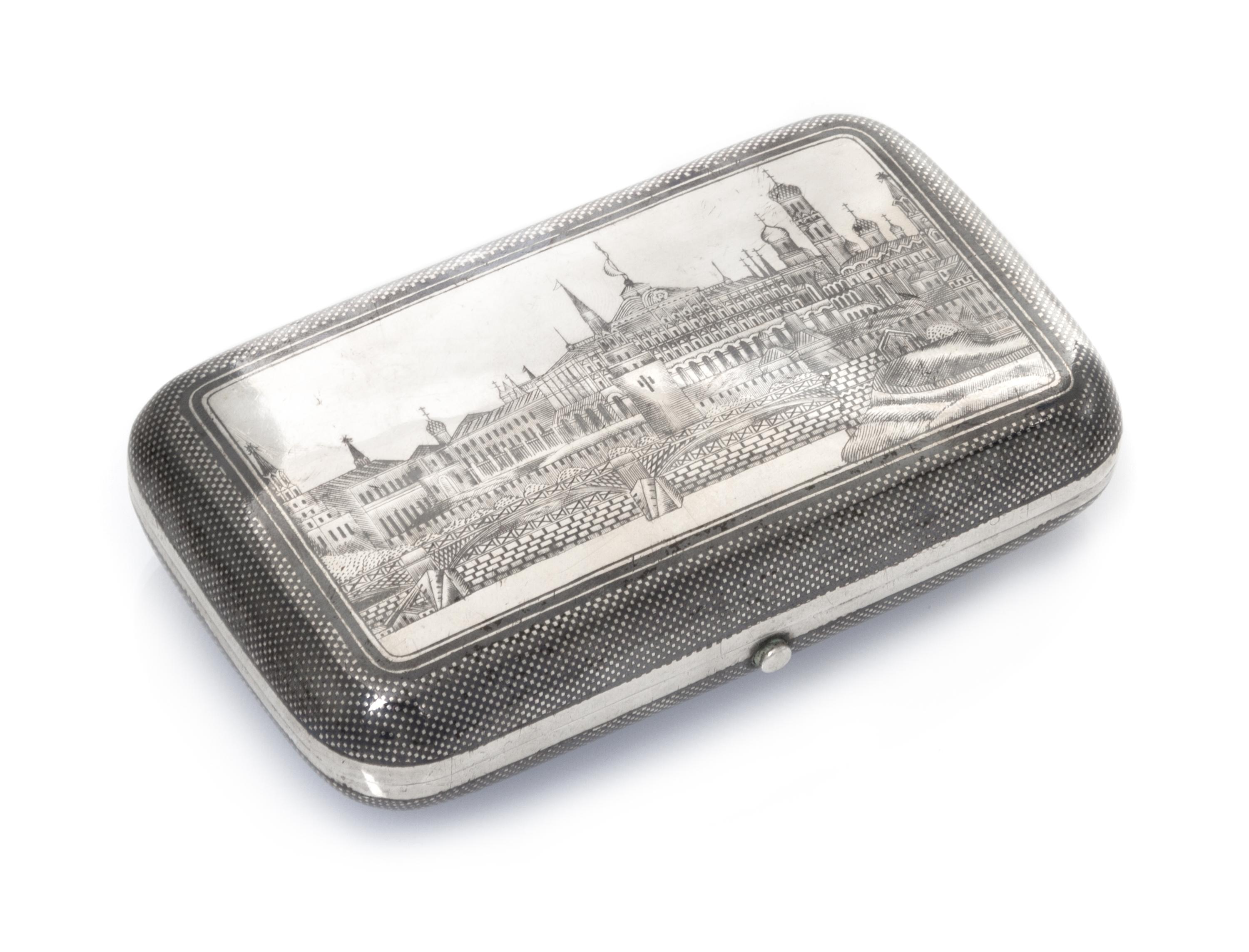 A Russian Niello Silver Cigar Case, Maker's mark possibly of Aleksey Osipov, Moscow, 19th century, the lid with a scene of the Moscow K