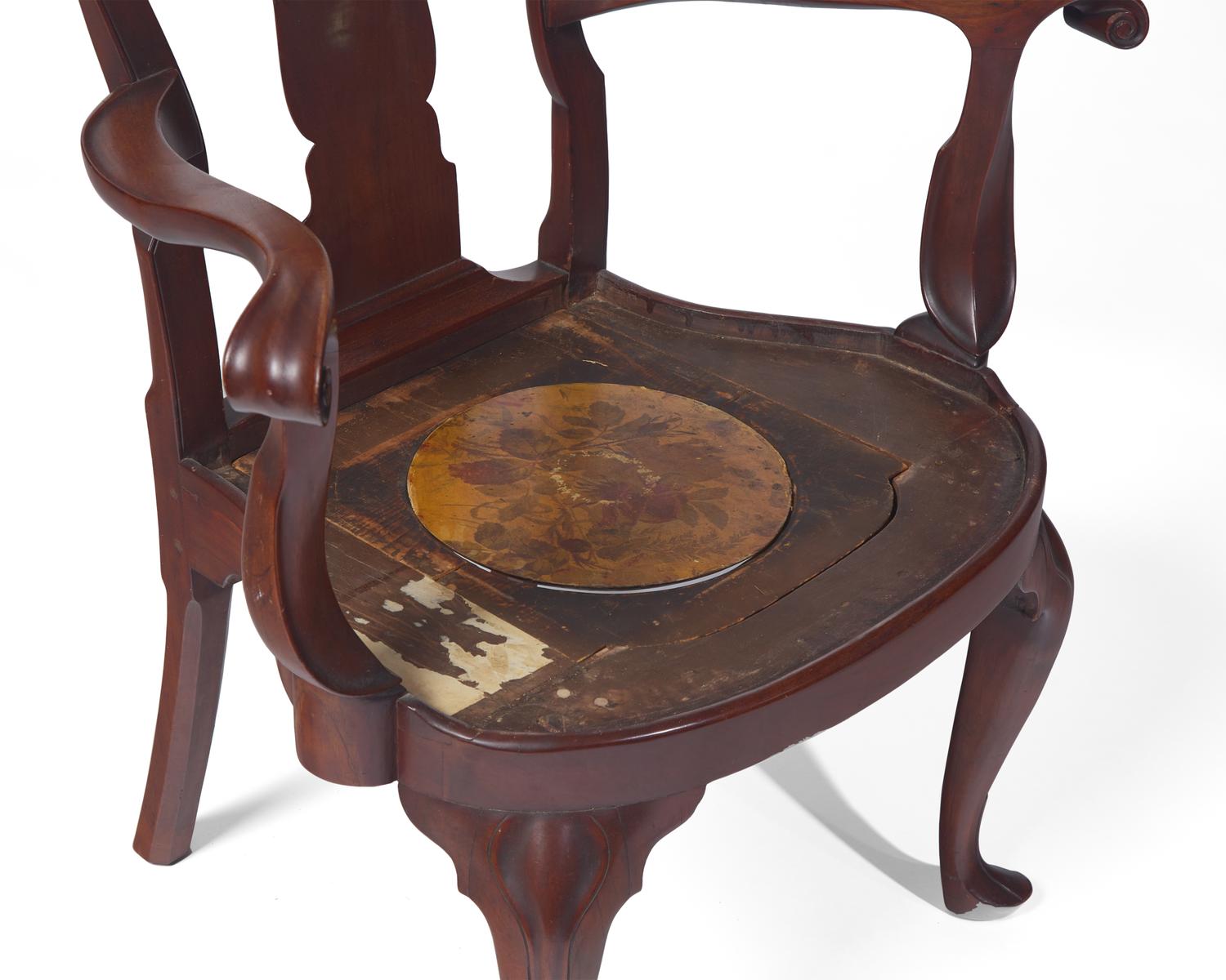 A Queen Anne Walnut Compass-Seat Open Arm Chair