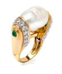 An 18 Karat Yellow Gold, Platinum, Cultured Baroque Pearl, Diamond and Emerald Ring, David Webb, 15.50 dwts.