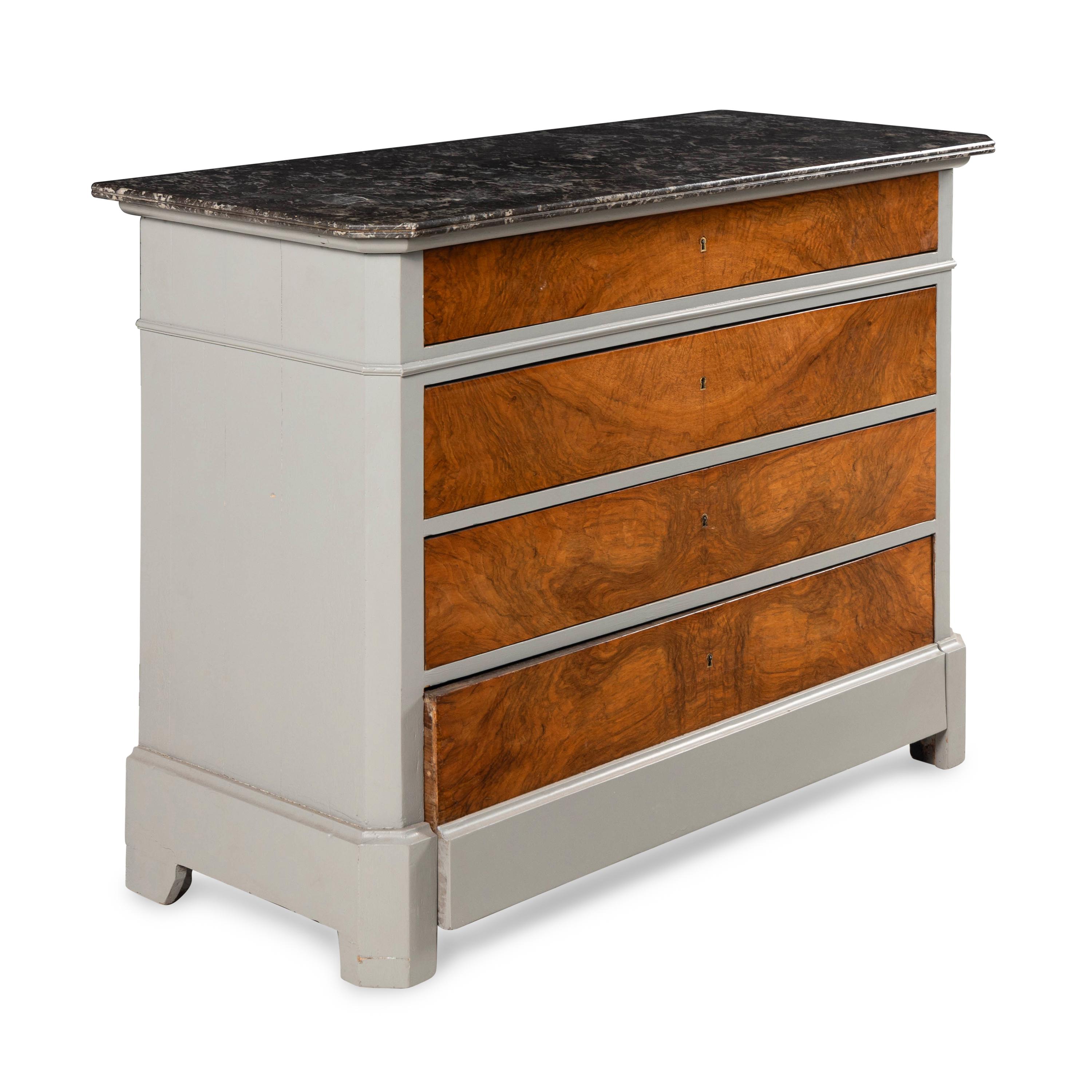 A Louis Philippe Walnut and Gray-Painted Marble-Top Commode