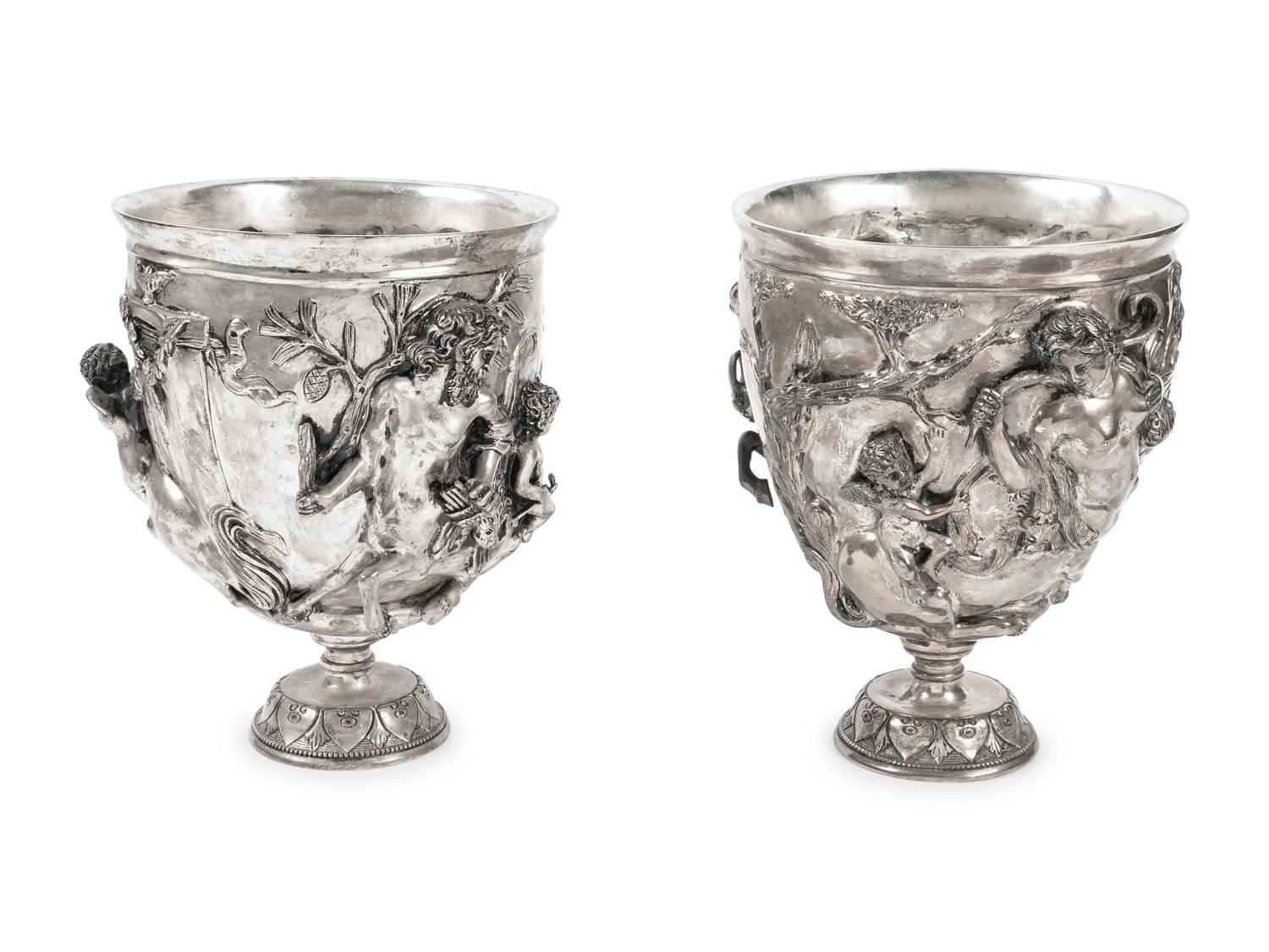 A Pair of Silvered Bronze Chalices After Vincenzo Gemito