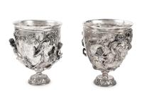 A Pair of Silvered Bronze Chalices After Vincenzo Gemito