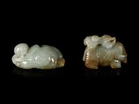 Two Chinese Celadon Jade Carvings of Boys and Animals