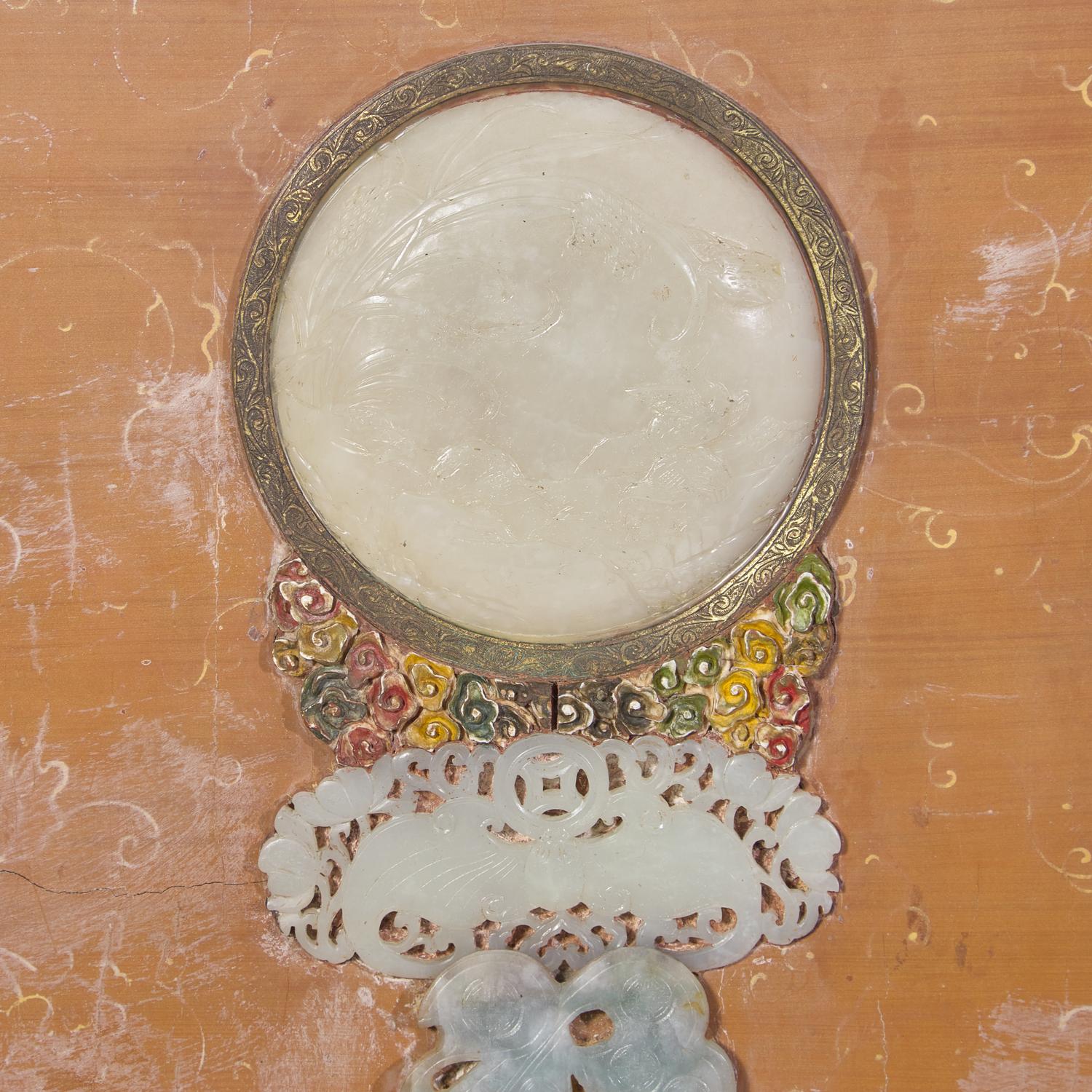 A Large Chinese Jade, Hardstone and Mother-of-Pearl Inlaid Hanging Screen, 19th/20th Century 晚清/民國 黃漆地螺鈿框嵌百寶博古圖大挂屏