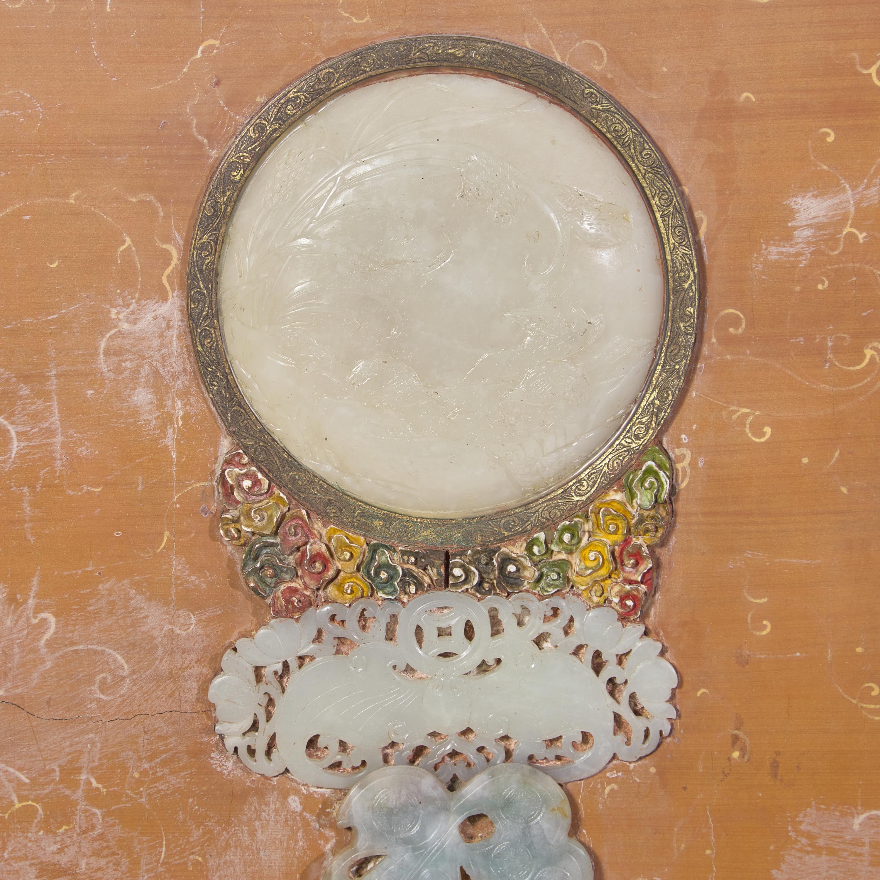A Large Chinese Jade, Hardstone and Mother-of-Pearl Inlaid Hanging Screen, 19th/20th Century 晚清/民國 黃漆地螺鈿框嵌百寶博古圖大挂屏