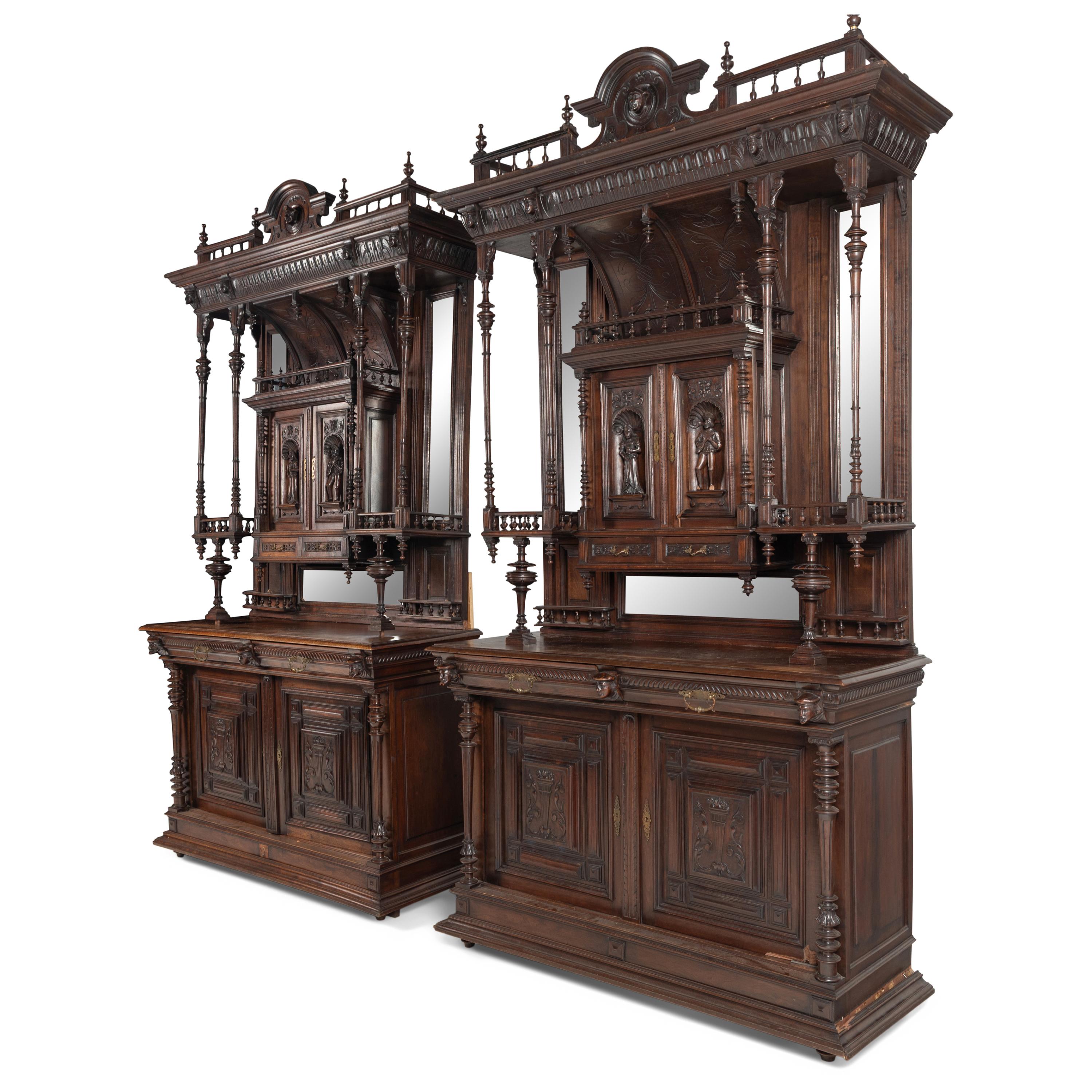 A Pair of French Renaissance Revival Walnut Serving Cabinets