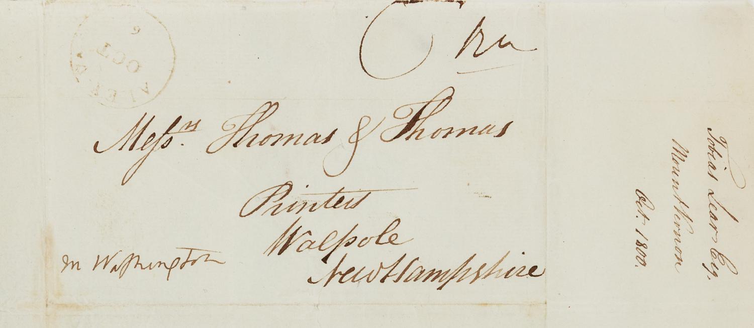 WASHINGTON, Martha Dandridge Custis (1731-1802), First Lady. Autograph free frank signed ("M Washington") on integral cover sheet addressed in the hand of Tobias Lear, Washington's private secretary, to "Messrs Thomas & Thomas / Printers / Walpole / New Hampshire", [6 October 1800].