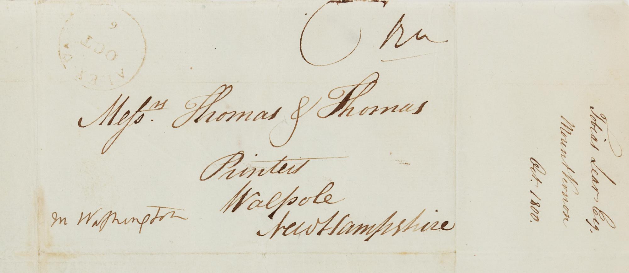 WASHINGTON, Martha Dandridge Custis (1731-1802), First Lady. Autograph free frank signed ("M Washington") on integral cover sheet addressed in the hand of Tobias Lear, Washington's private secretary, to "Messrs Thomas & Thomas / Printers / Walpole / New Hampshire", [6 October 1800].