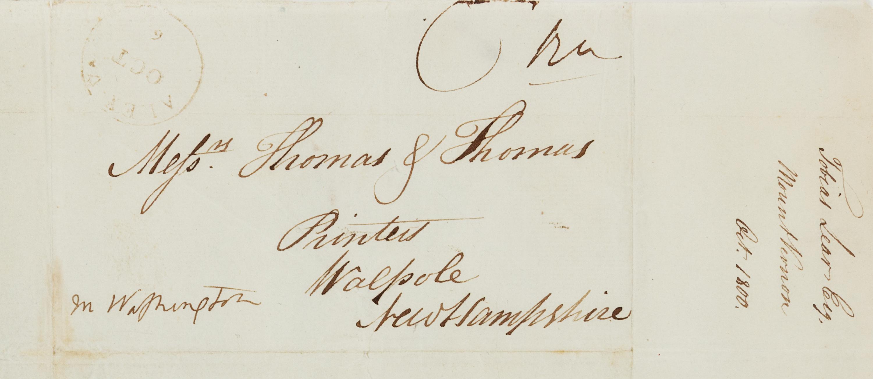 WASHINGTON, Martha Dandridge Custis (1731-1802), First Lady. Autograph free frank signed ("M Washington") on integral cover sheet addressed in the hand of Tobias Lear, Washington's private secretary, to "Messrs Thomas & Thomas / Printers / Walpole / New Hampshire", [6 October 1800].