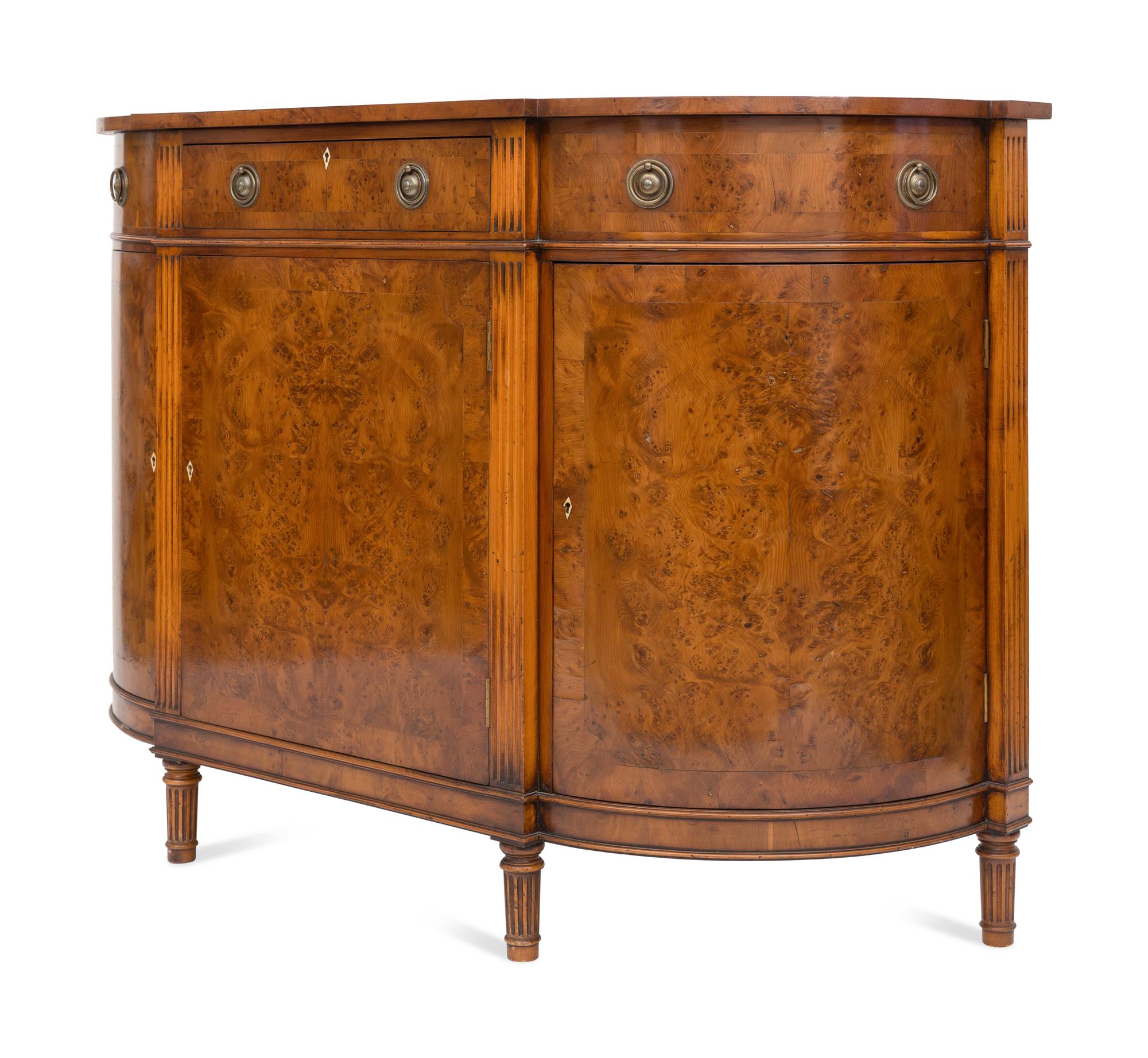 A Smith and Watson Regency Style Burl Walnut Demilune Credenza