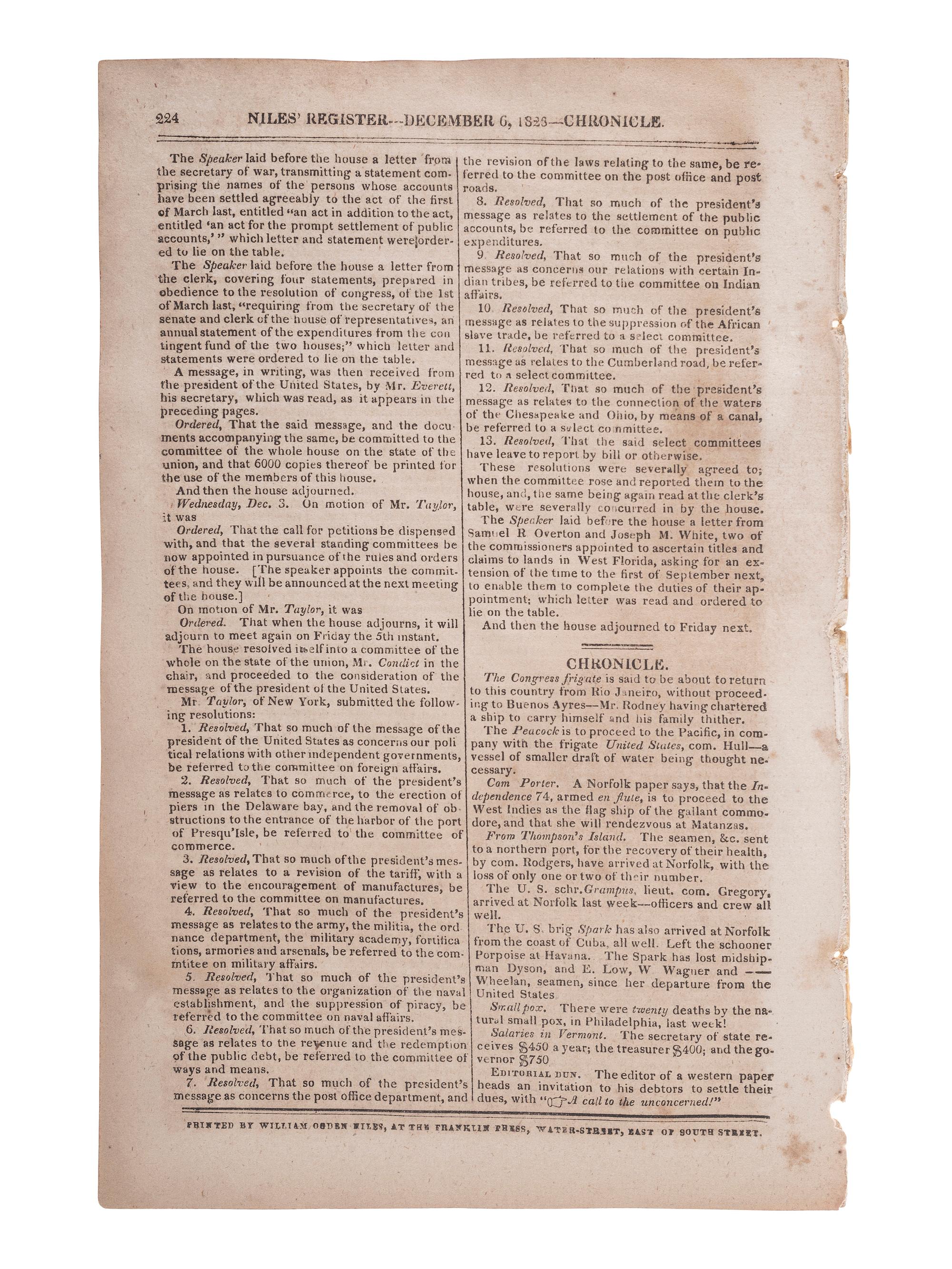 [POLITICS - MONROE, James (1758-1831)]. Niles Weekly Register. Baltimore, 6 December 1823.