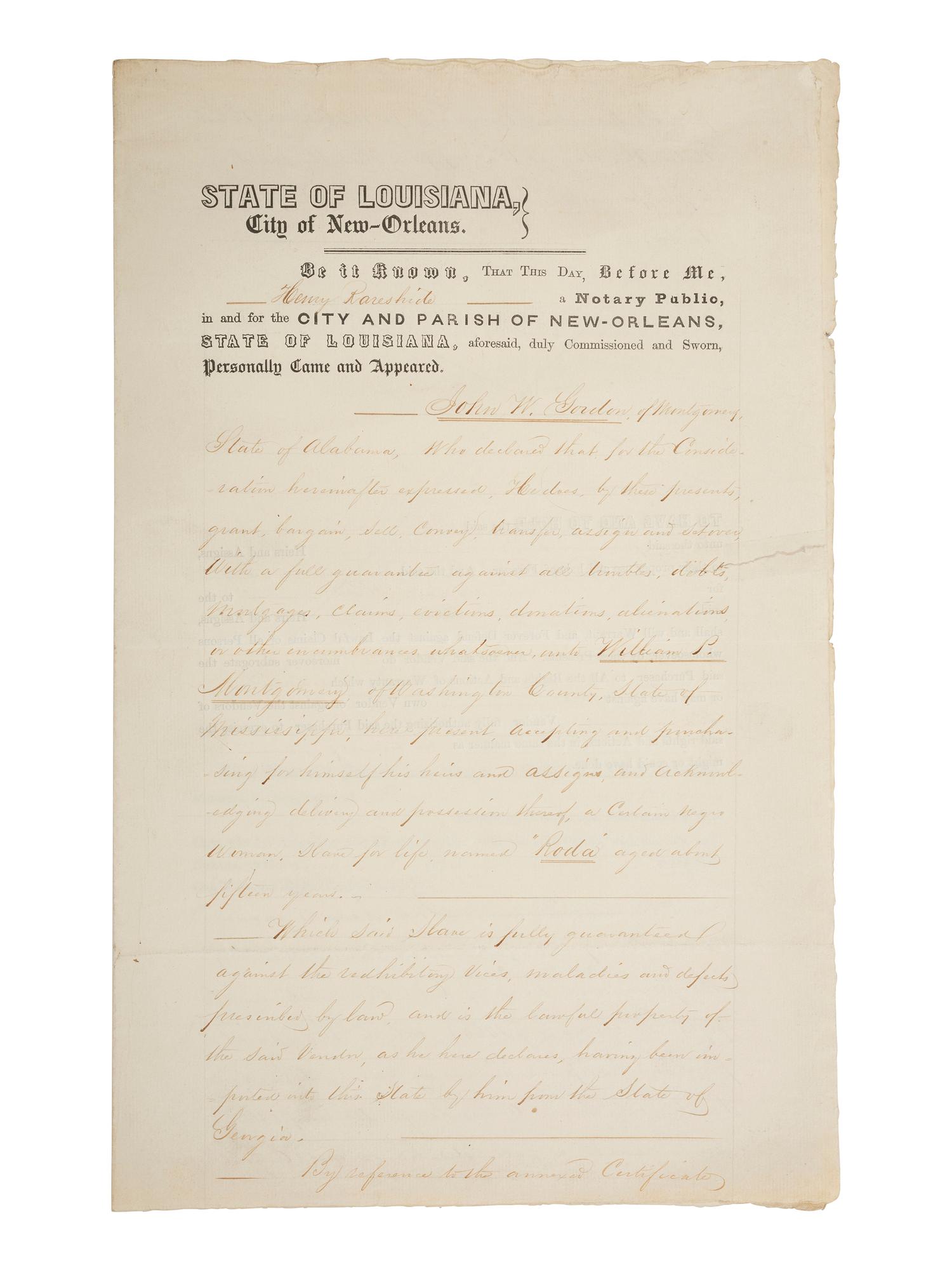 [ENSLAVEMENT & ABOLITION]. Partly printed document recording the sale of a named enslaved female subject from Georgia to William P. Montgomery of Mississippi. New Orleans, LA, 18 February 1856.