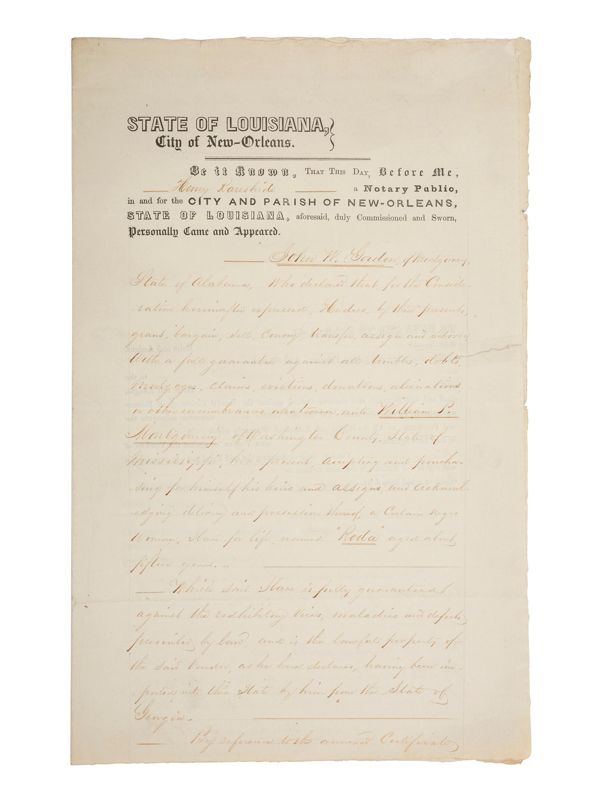 [ENSLAVEMENT & ABOLITION]. Partly printed document recording the sale of a named enslaved female subject from Georgia to William P. Montgomery of Mississippi. New Orleans, LA, 18 February 1856.