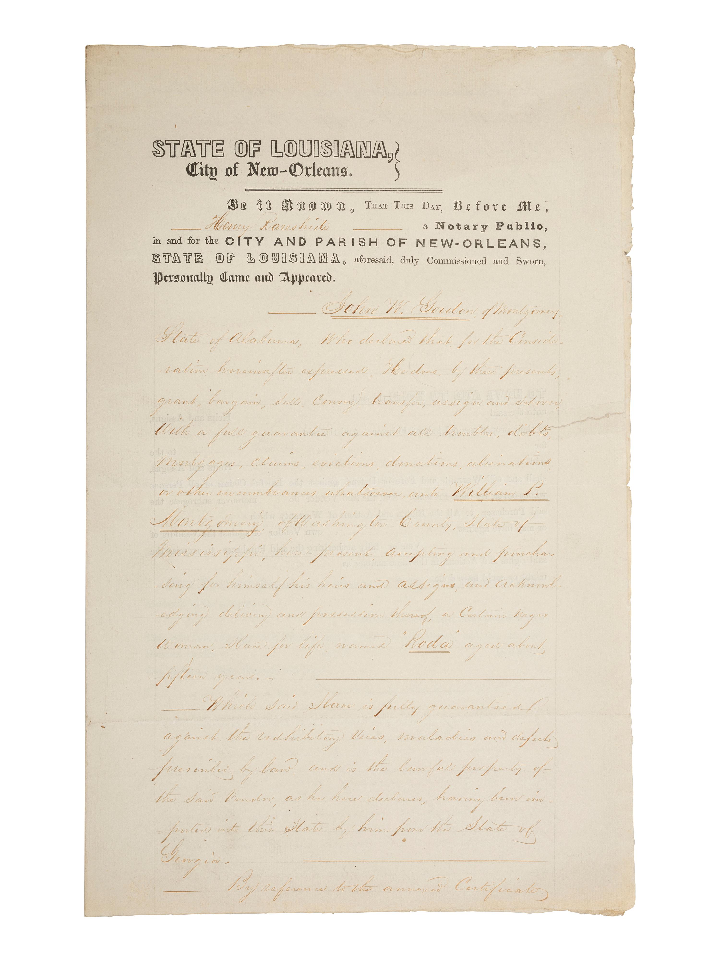 [ENSLAVEMENT & ABOLITION]. Partly printed document recording the sale of a named enslaved female subject from Georgia to William P. Montgomery of Mississippi. New Orleans, LA, 18 February 1856.
